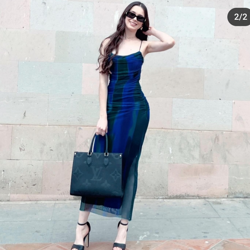 Influencer Fav! Zara Navy and Emerald Green Tulle Striped Midi Dress